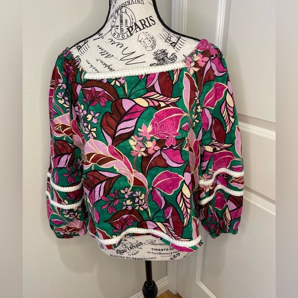 Cynthia Rowley Floral Off-Shoulder Linen Top - Pink and Green Size Large.
